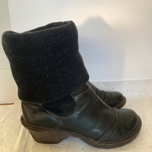 The Art Company Black Leather y2k Chunky Wool Sock Boot Molded Heel 40 Bohemian - Picture 4 of 16